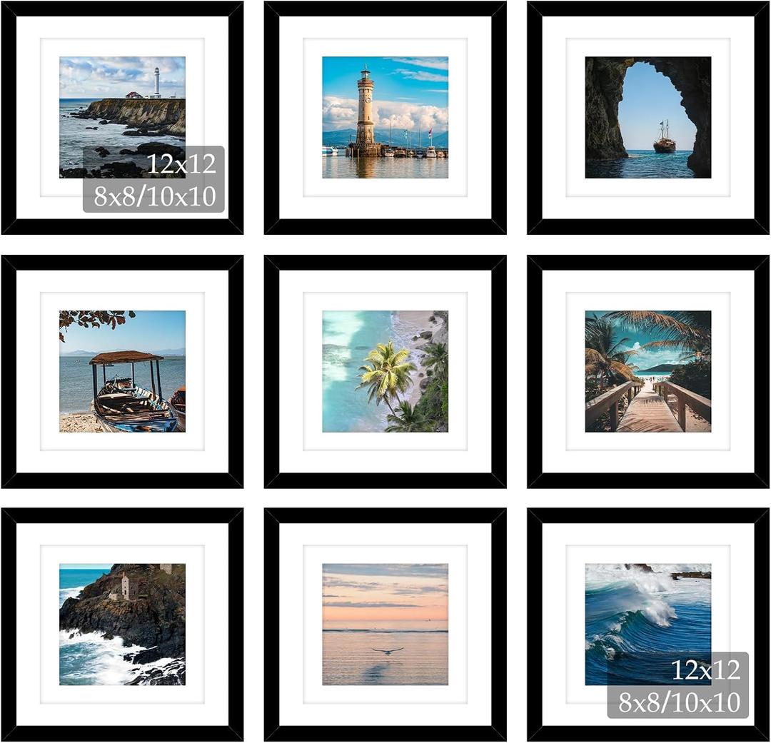 JCJMY 9 Pack 12x12 Picture Frame Gallery Wall Frame Set for 8x8 or 10x10 with 2 Mats or 12x12 Without Mat, Square Collage Wall Decor Photo Frames Bulk Set of 9 for Wall Hanging, Black