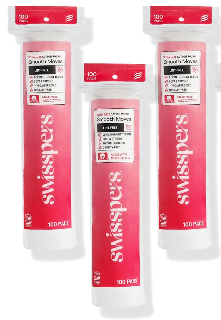 3 x Swisspers Smooth Moves Ultra-Luxe 100% Pure Premium Chlorine Free Cotton Rounds, Dermatologist Tested, Soft, Lint-Free, Sensitive Skin, Cruelty-Free, Made in USA, Hypoallergenic, 100 Pads