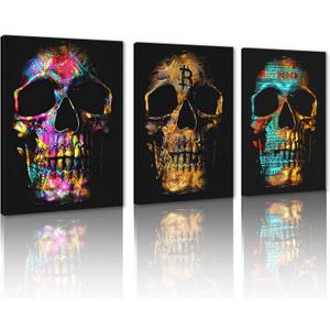 MAMAGO 3 Piece Skull Wall Art Canvas Sugar Skull Cryptocurrency to Cash Painting Gothic Theme Skeleton Pictures Prints for Living Room Bedroom Decoration Framed Ready to Hang - 20x28inchx3Pcs (Style_02)