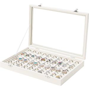 Coward Ring Organizer Jewelry Box, Beige Velvet 100 Slots Ring Display Tray Case with Transparent Glass Lid for Home Use or Store Selling Show