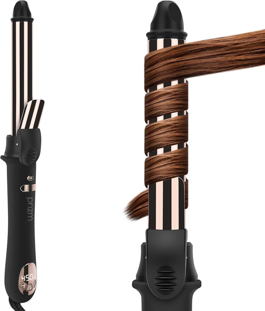 Prizm Rotating Curling Iron, 1inch/25mm Automatic Hair Curler for Long Hair, Self Spinning Barrel, 250-450F with LCD Display, Auto-Shut Off & Dual Voltage, Black