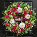 Pinkpuii Spring Wreaths for Front Door Outside 24 Inch Spring Summer Wreath with Vibrant Pink Peony,Tulip & White Rose Flowers and Hello Wooden Sign,Ideal for Farnhouse Porch,Wall,Window Dcor