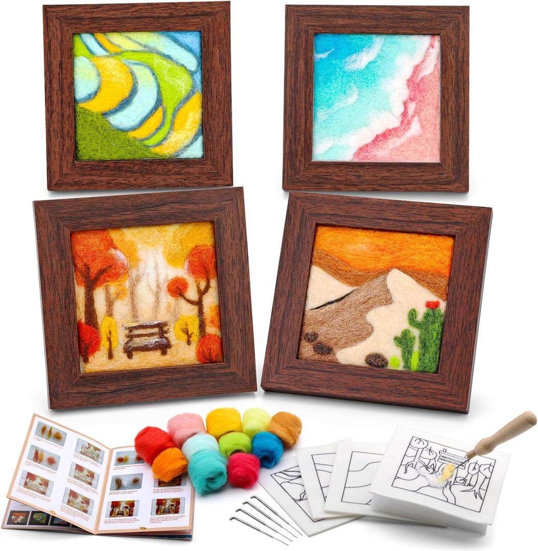 GarfxG Needle Felting Kit for Beginners, 4 Pcs Wool Needle Felt Painting Kit with Needles, Foam Pad, Felt Cloth, Picture Frame and Instructions for DIY Craft Gifts, Home Decoration