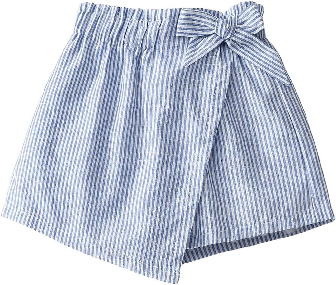 MakeMeChic Girl's Summer Shorts Elastic Waist Striped Bow Wrap Asymmetrical Cute Casual Shorts