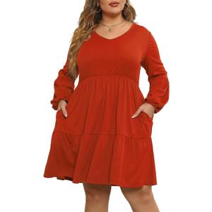 Celkuser Plus Size Casual Dresses for Curvy Womens Long Sleeve V Neck Babydoll Tiered Flowy Dress with Pocket (Red)