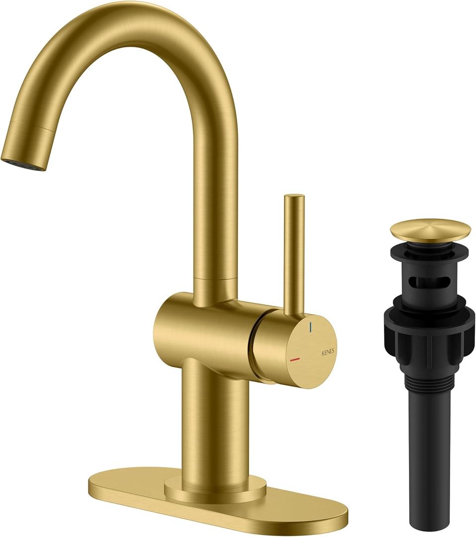 KENES Brushed Gold Single Handle Bathroom Faucets Modern Prep Wet Bar Sink Faucets Bathroom Sink Faucet with Drain Assembly & Deck Plate, Farmhouse RV Camper Outdoor Utility Faucet, KE-9005B-4