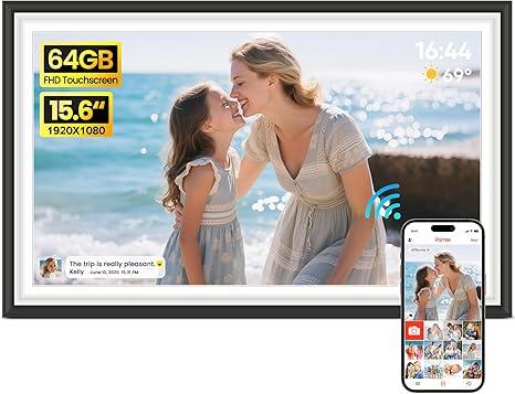 BIGASUO Digital Picture Frame Frameo 15.6" WiFi Electronic Photo Frames Large with 64GB Memory 1920x1080 IPS FHD Touch Screen Share Moments Instantly Anywhere Photo Gifts for Parents and Grandparents