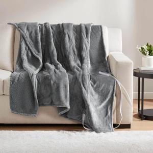 Beautyrest Heated Blanket, Electric Throw Blanket, Soft, Warm, Reversible Plush - Sherpa Heating Blanket Throw, 3 Heat Settings, 2 hr Auto Shut Off, Machine Washable, Oversized 60 in x 70 in, Grey