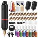 RHEIN Wireless Tattoo Pen Kit, Complete Rotary Tattoo Machine with 2 Power Supplies, 20 Cartridge Needles, 14 Tattoo Inks, Practice Skin Stencil Transfer Paper for Beginners and Artists RNP28KIT-1