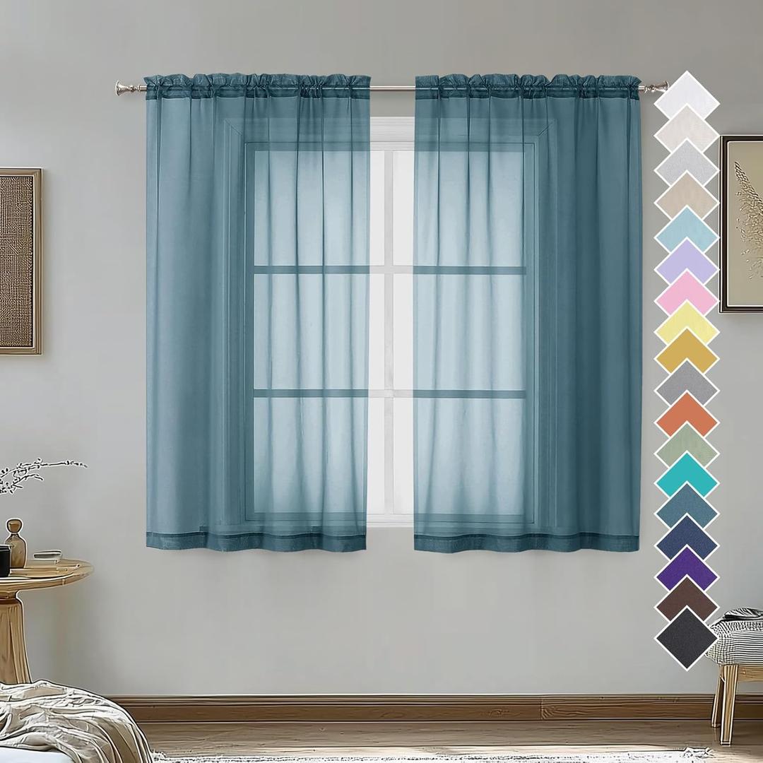OVZME Dusty Blue Sheer Curtains 45 Inches Long 2 Panels, Light Filtering Sheer Curtains for Bedroom, Elegant Airy Draperies for Living Room Nursery Room, Dual Rod Pocket, Each 42Wx 45L