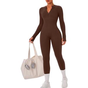 OLCHEE Womens Long Sleeve Workout Jumpsuit Seamless Ribbed Tummy Control Yoga Bodycon Zip Up One Piece Unitard Sculpt Rompers (Brown, S)
