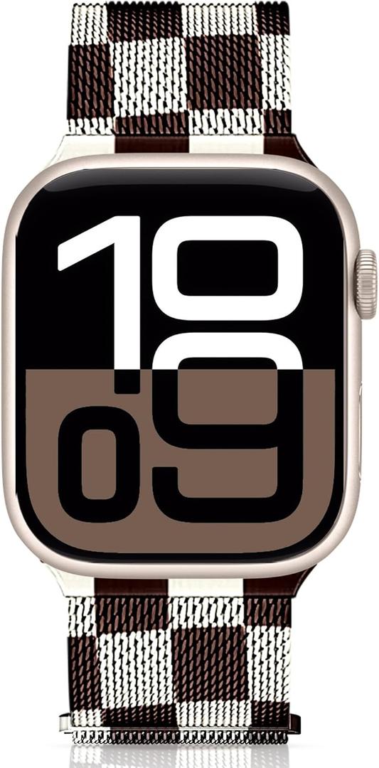 Checkered Metal Apple Watch Bands for Women Men 38mm 40mm 41mm (42mm-Series 11 10), Stainless Magnetic Milanese Loop Checkered Apple Watch Band for iWatch Ultra 3 2 Series 11 10 9 SE 8 7 6 5 4