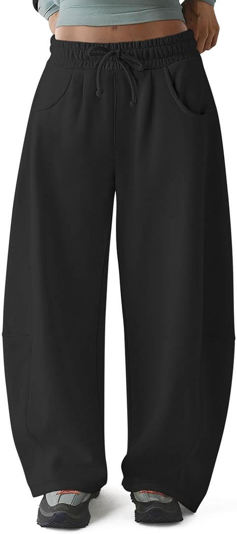 HeSaYep Women's Fleece Lined Sweatpants Barrel Leg Baggy Sweat Pants Winter Thermal Cotton Pants with Pockets (Medium, Black)