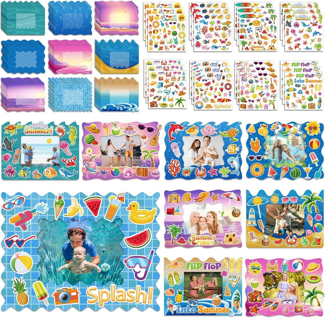 Ctosree 54 Packs Summer Picture Frames Craft Kit DIY Photo Frame Craft with Stickers Summer Cardboard Photo Frame Craft Under The Sea Craft Kits Game Activities Beach Pool Party Favors