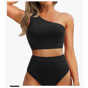 Women One Shoulder High Waisted Bikini Sets Two Piece Swimsuit Tummy Control Bathing Suit Full Coverage Swimwear,Black,M