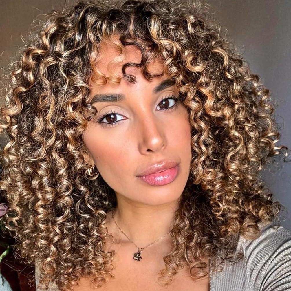 Short Curly Wigs Blonde Mixed Brown Afro Curly Soft Hair Wig Synthetic Fiber Kinky African American Wig with Bangs for Black Women(27-33,Ombre Brown Mixed Blonde)