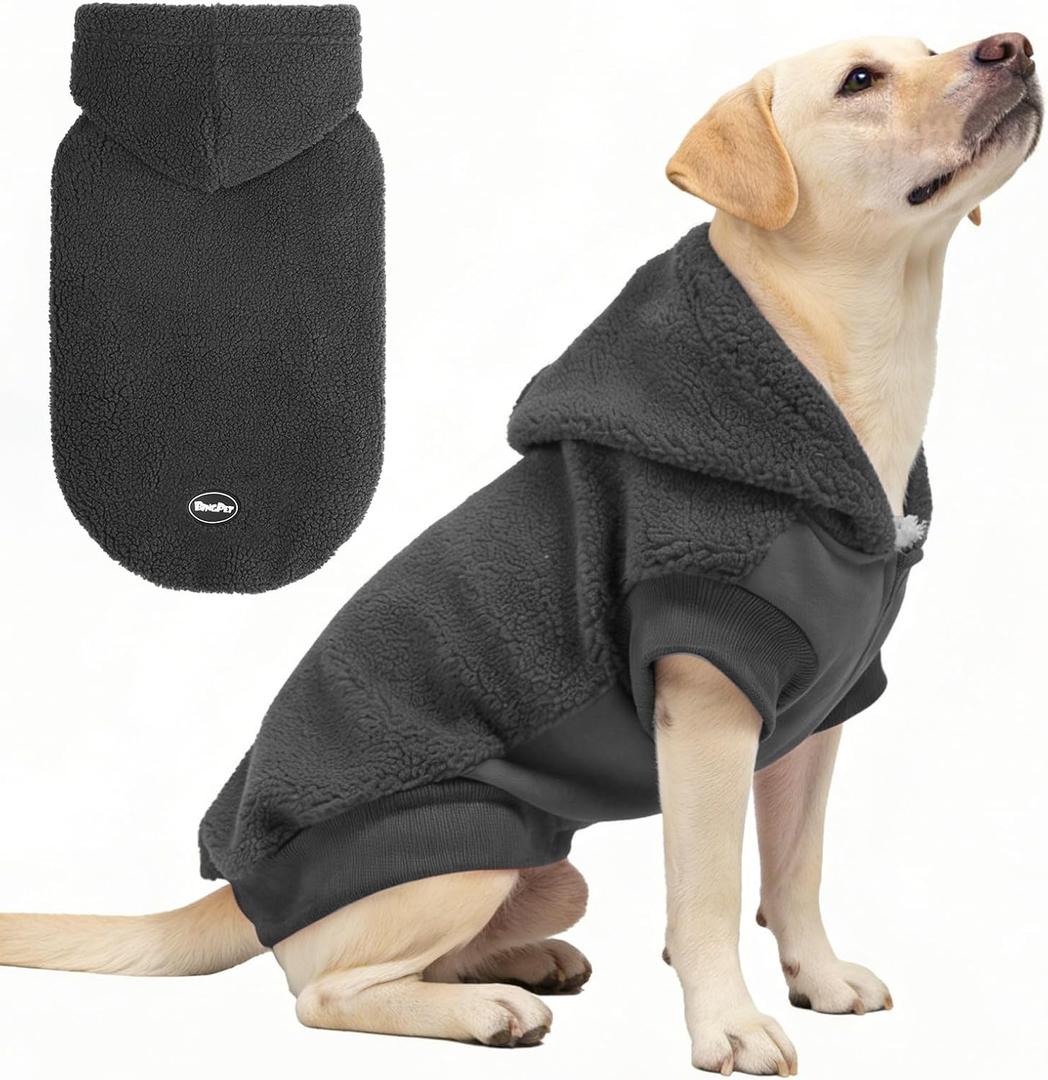 BINGPET Dog Hoodie for Large Medium Small Dogs, Sherpa Hooded Dog Sweater with Pocket Leash Hole for Boy Girl Dogs,Soft Warm Fleece Dog Winter Clothes Cold Weather Coats Jacket for Puppy Sweatshirt,L