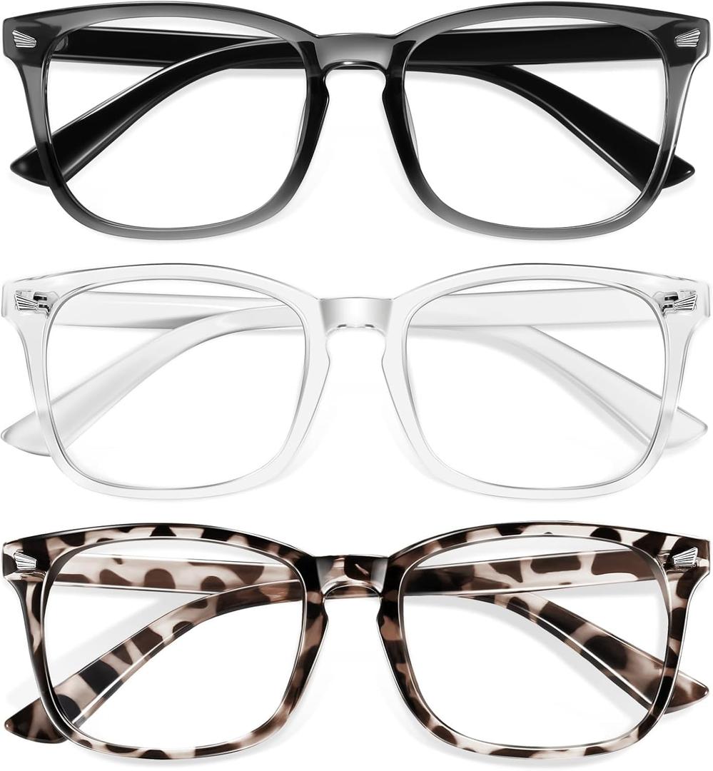 Okany Blue Light Glasses for Kids 3 Pack Blue Light Blocking Glasses for Girls Boys Computer Gaming Screen Glasses, Anti Glare Eyestrain Teen Fashion Glasses Age 3-10 (Grey Black+Transparent+Leopard)