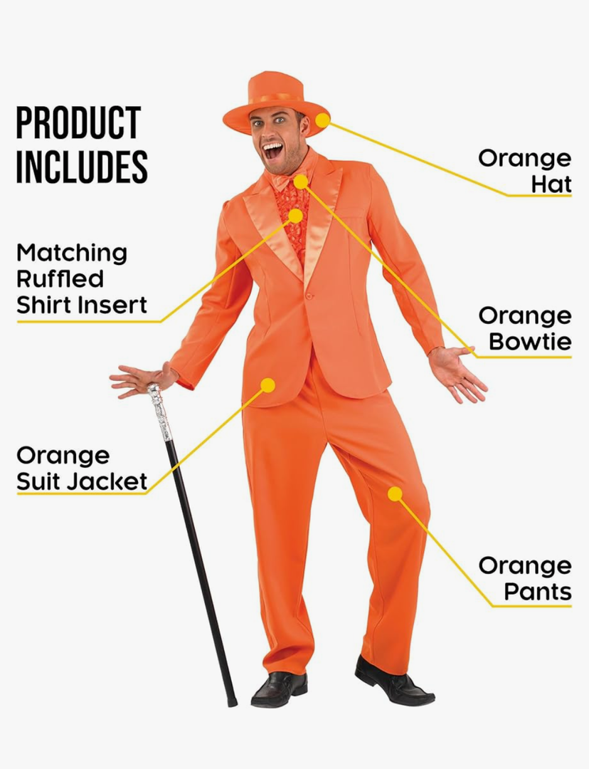 fun shack Orange Tuxedo Costume For Men, Orange Suit Outfit, 90s Movie Character Costume, Halloween Attire Size XL