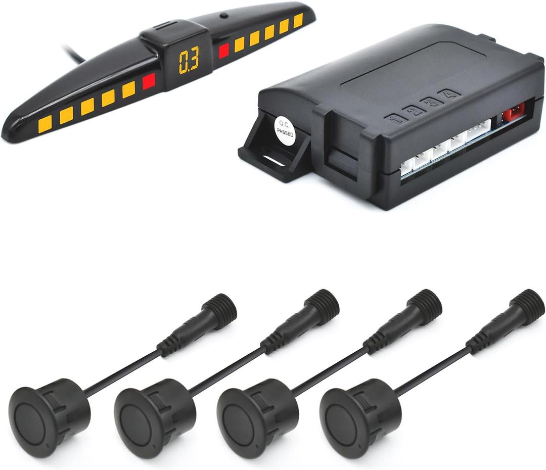 Promata PS02 Car Rear Parking Sensor Kit with Display,4 58KHz OE Standard Sensors,Auto Tow-Bar Recognition and Self Test Function,Detection Range(0~59 inch)