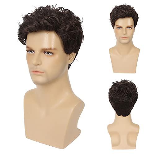 Sallcks Mens Short Curly Brown Wig Synthetic Halloween Party Cosplay Costume Full Wigs for Men