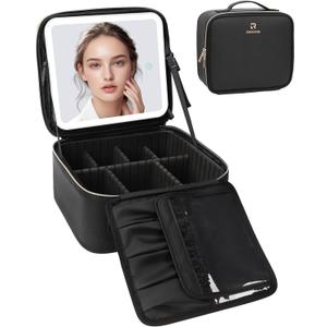 Relavel Makeup Bag with Light Up Mirror, Makeup Case Travel Cosmetic Bags Brush Organizer Storage Box, Rechargeable Vanity Mirror with 3 Color Lights, High Frame Mirror Protection (Black)