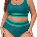 Eytino Womens Plus Size Bikini Sets High Waisted Scoop Neck Bahting Suits Two Piece Color Block Swimsuits, Size 1X 