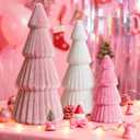 Pink White Christmas Table Decorations Indoor- 3 Pcs Flocked Velvet Christmas Trees with Lights, Modern Cone Christmas Tree Tabletop Centerpieces for Xmas Party Tabletop Mantel Tiered Tray Home Decor