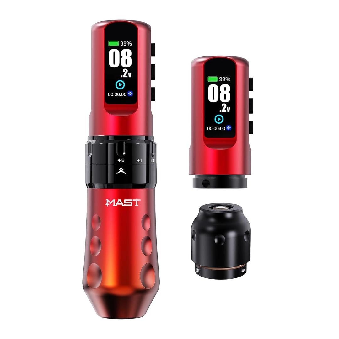 Mast Tattoo Flip4 Pro Cordless Cord Tattoo Gun Machine Pen 2.5mm-4.5mm Strokes Length Coreless Motor Power by Mcore 2 Batteries for Lining Shading Coloring (Red, 2 Batteries)