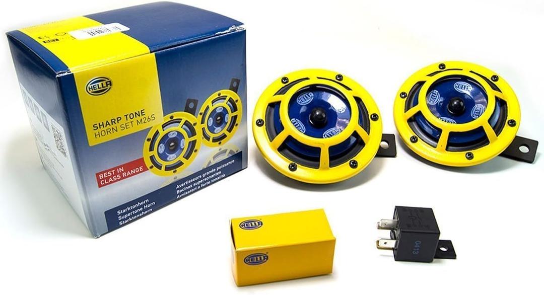 HELLA H31000001 Sharptone 12V High Tone / Low Tone Twin Horn Kit with Yellow Protective Grill, Includes Relay, 2 Horns