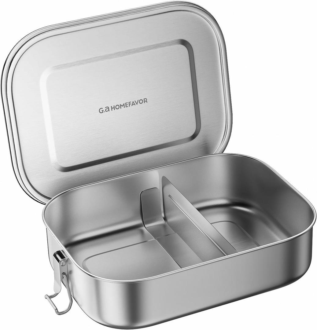 G.a HOMEFAVOR Stainless Steel Bento Lunch Box - Leak-Proof Metal Bento Box, Large Food Container with Lock Clips, Snack Container, Dishwasher Safe, 2 Compartments, 1200 ml/40 oz