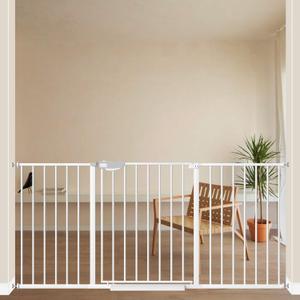 ALLAIBB Triple Lock Extra Wide Baby Gate Pressure Mounted Walk Through Safe Auto Close White Metal Dog Pet Puppy Cat for Stairs,Doorways,Kitchen 49.21-66.54"