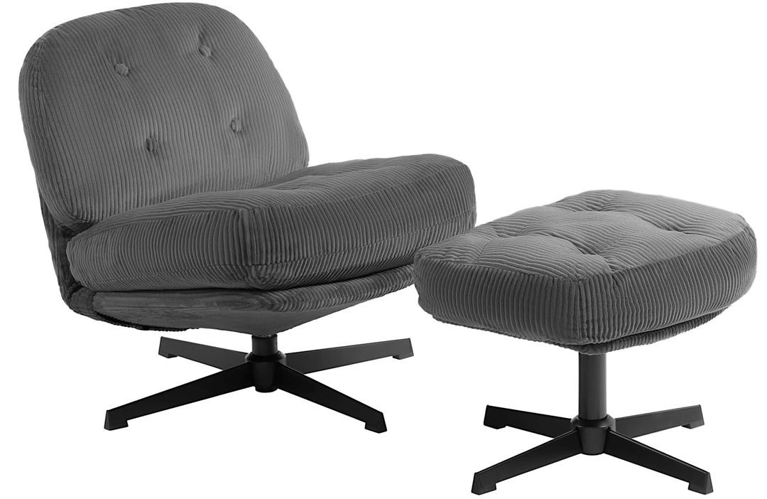 HollyHOME Modern 360°Swivel Accent Chair with Ottoman, Upholstered Comfy Reading Chair and Footstool, Fabric Lazy Chair with Soft Cushion, Lounge Sofa Chair for Living Room, Bedroom, Dark Grey