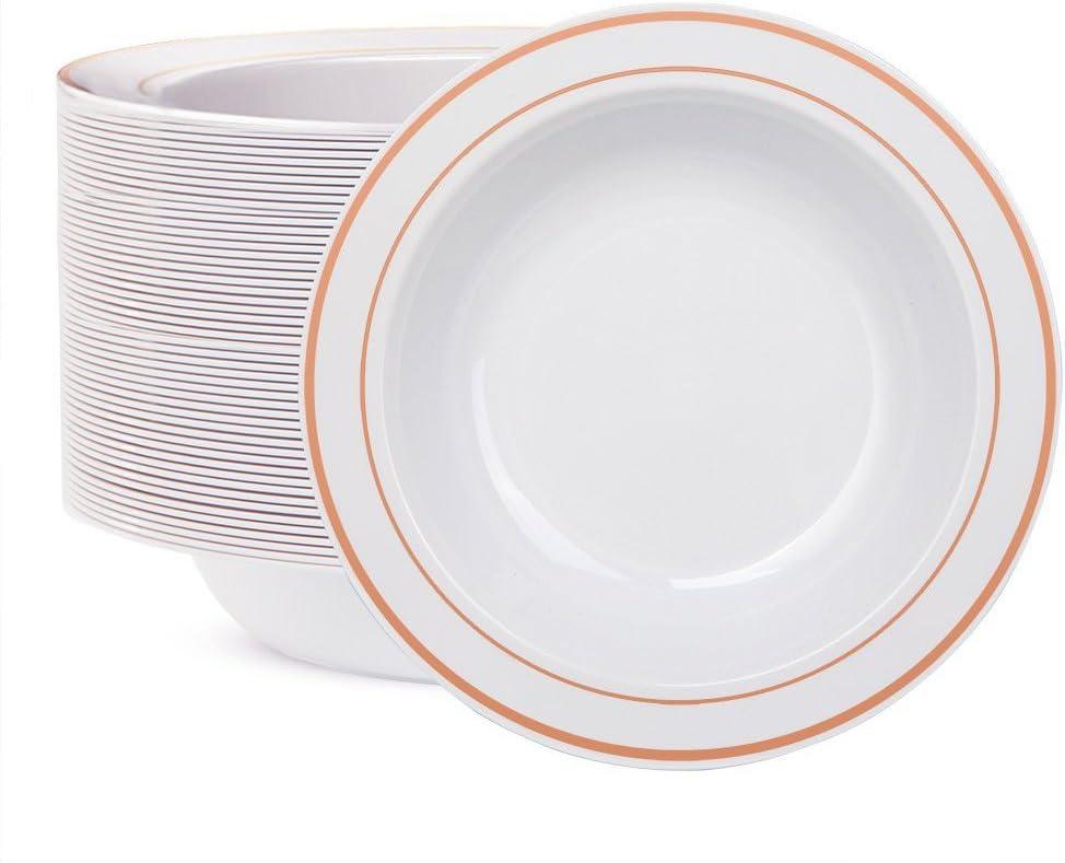 WDF 60pcs Disposable Plastic Bowls-12 oz Soup Bowls - Rose Gold Trim Salad Bowls - Premium Heavy Duty Plastic Plates for Wedding/Party/Birthday/Mother's Day