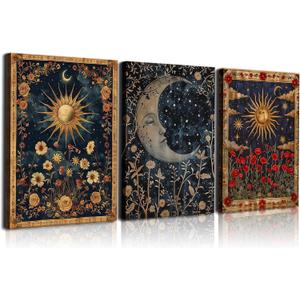 Framed Tarot Crescent Moon Canvas Wall Art Set of 3 - Psychedelic Retro Sun and Moon Celestial Picture Wall Decor Gothic Wildflowers Posters Print Artwork Aesthetic Dark Academia Home Decor 16×24In, 24L" x 16W"