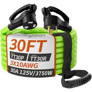 PlugSaf 30 FT 30 Amp RV Extension Cord Outdoor with Grip Handle, 10/3 Gauge Flexible Heavy Duty RV Power Cord Waterproof, NEMA TT-30P to NEMA TT-30R, 10AWG 125V 3750W STW, Green-Black, ETL Listed