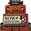 Britimes 4 Pcs Movie Night Table Decor Christmas Tiered Tray Decorations Set Movie Star Stack Block Signs Gift Rustic Farmhouse Tabletop Decor for Table & Home Office