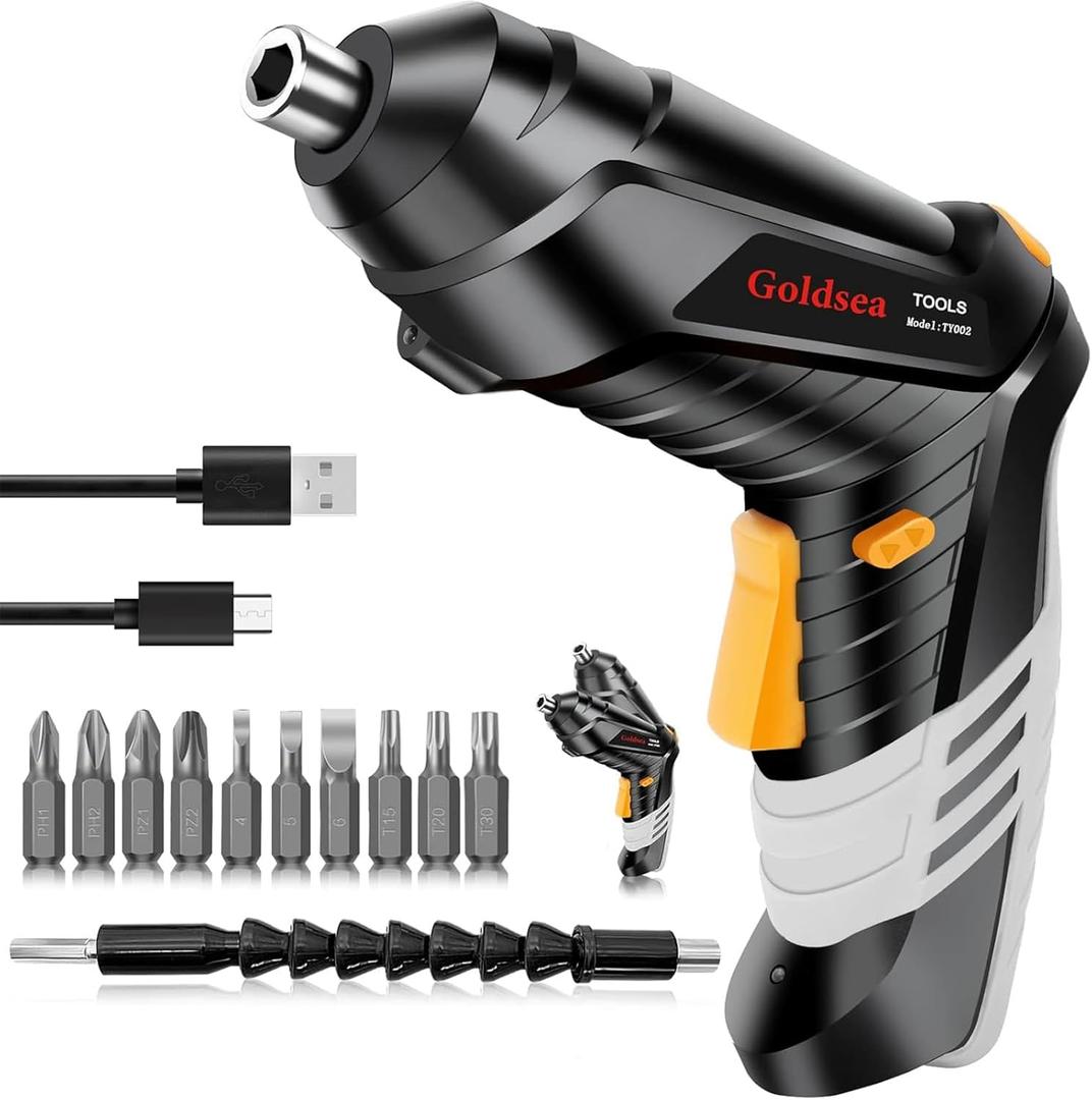 Electric Screwdriver Goldsea 4.2V Cordless Screwdriver 3.5N.m 1500mAh Type-C Charging 10pcs Screwdriver Bits 1/4 Hex Chuck 90/180 deformation handle Forward and reverse adjustment LED Light