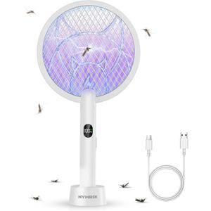 Electric Fly Swatter Racket, 2 in 1 Mosquito Bug Zapper 4100V Handheld Mosquito Killer with 1800 mAh Rechargeable Battery, Purple Light and 3-Layer Safety Mesh for Indoor Outdoor Grey