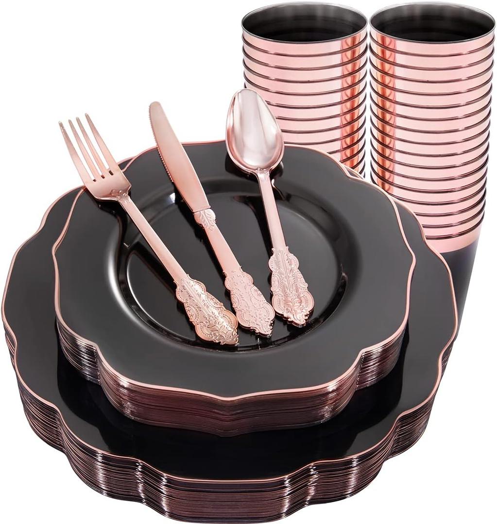 BUCLA 30 Guest Clear Black Plastic Plates With Rose Gold Silverware & Disposable Cups - Rose Gold Rim Plastic Dinnerware Ideal for Party & New Year