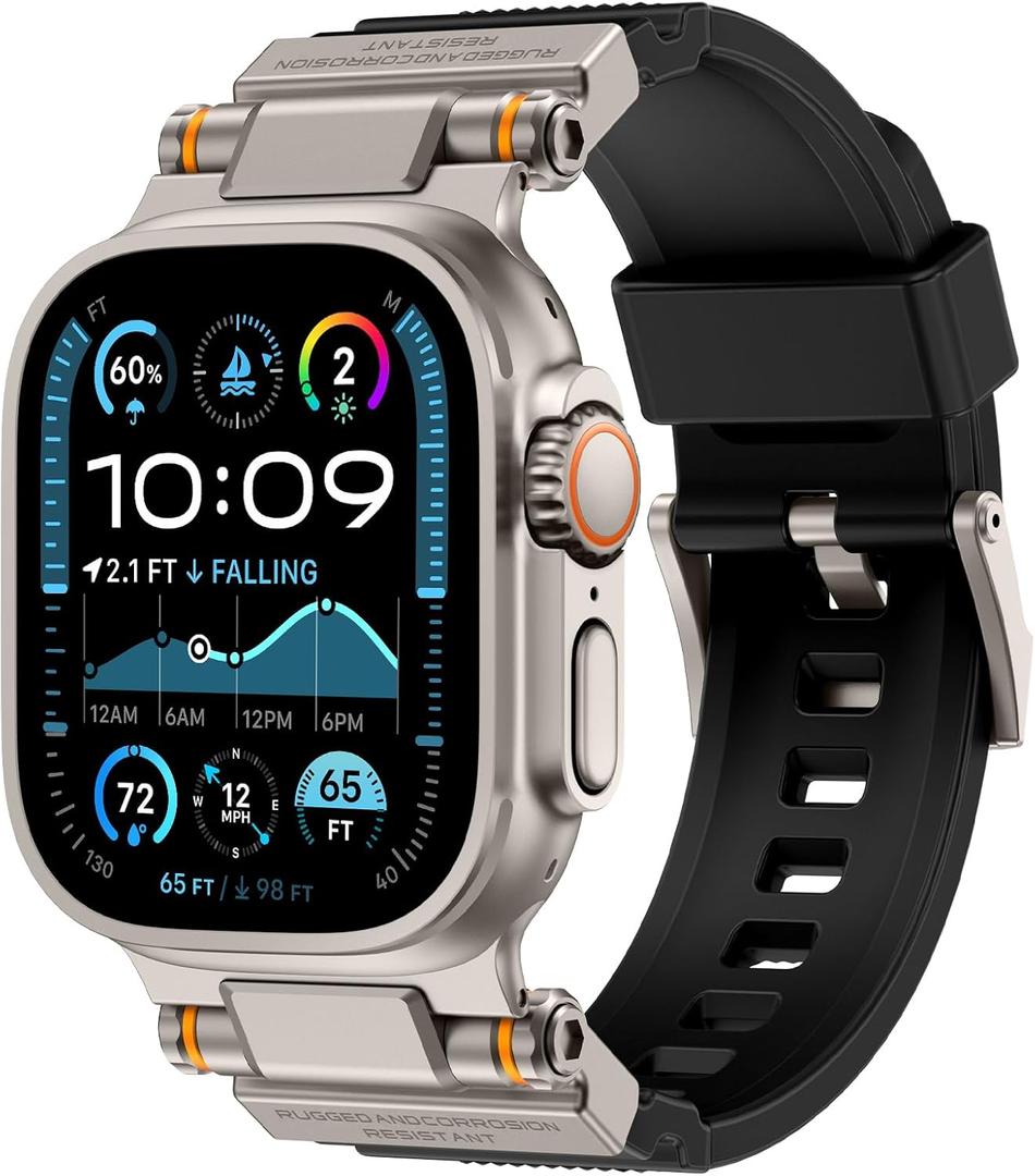 FOAMUNOC Rugged Band Compatible with Apple Watch Ultra 3/2/1 Band 49mm/46mm/45mm/44mm/42mm, Metal Connector with Strap for iWatch Ultra Series 11/10/9/8/7/6/SE3/SE2/SE/5/4/3/2/1, Black/Titanium