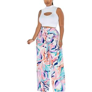BFFBABY Womens Casual Palazzo Pants High Waist Printed Ruched Loose Flowy Lounge Wide Leg Pants (M-3XL) (9397-light Purple)