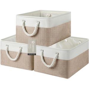 Large Storage Baskets- 15.7x11.8x8.26 inch Storage Bins for Shelves and Closet Organizing, Foldable Fabric Bin for Home Organization Clothes and Laundry (3-Pack, White&Khaki)