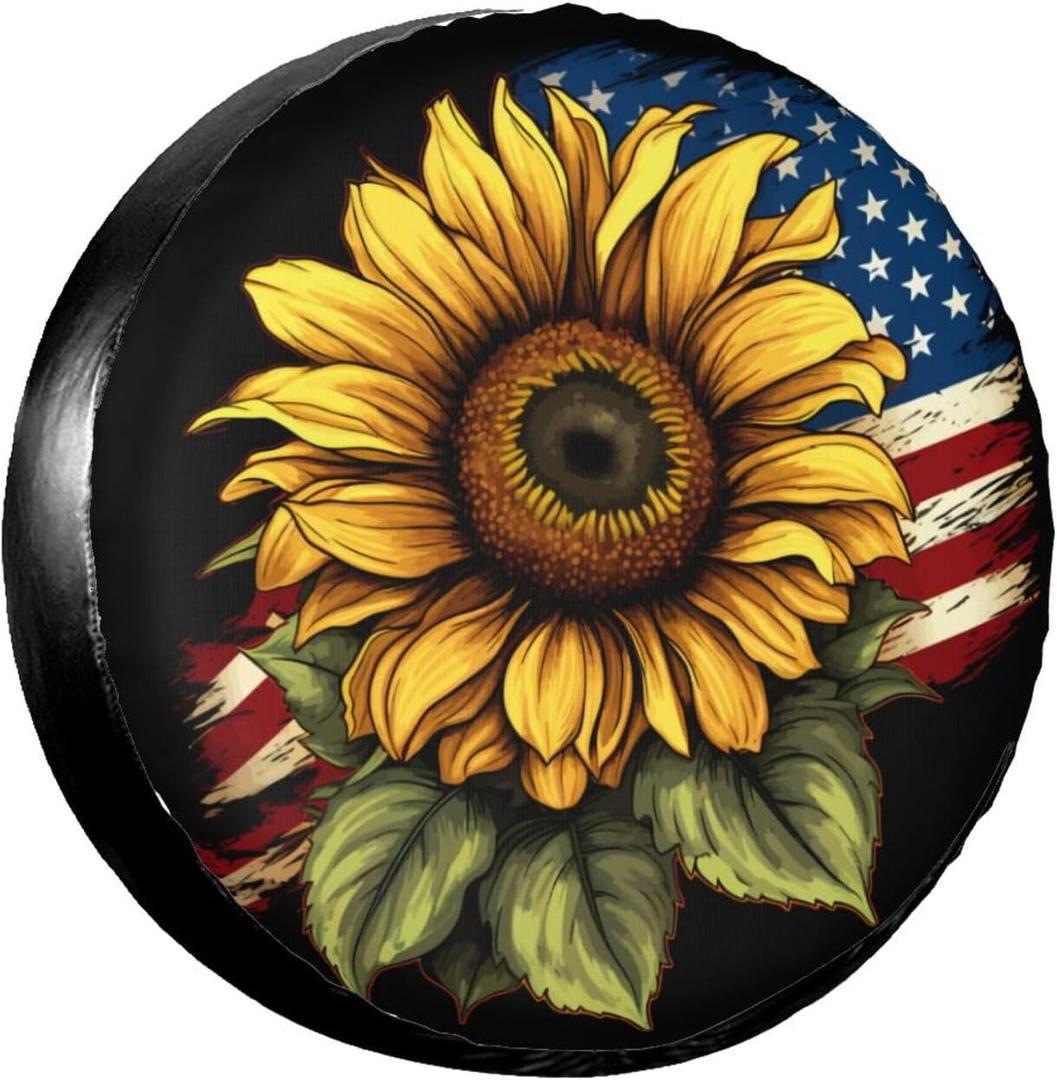 Spare Tire Cover USA Flag on Sunflower Spare Tire Covers Weatherproof & Dustproof Wheel Protectors Universal Fit for Rv Trailer SUV Truck Camper Travel 15 Inch