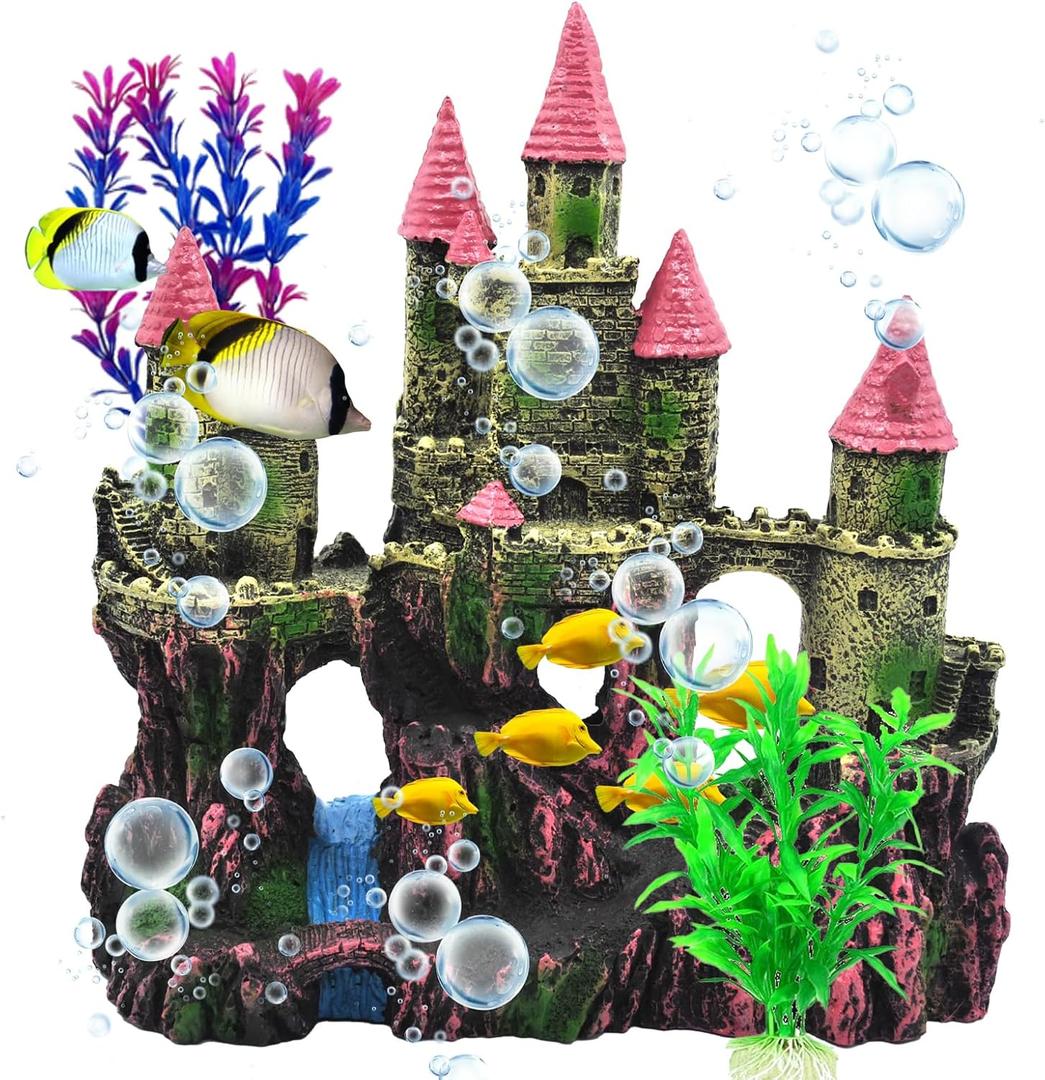 Aquarium Castle Decorations, Resin Castle for Fish Tank with Randomly Color Plants Decor Accessories for Freshwater and Saltwater Fish Tanks (Pink)