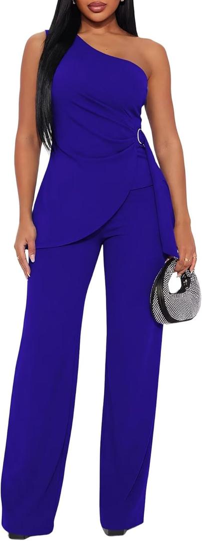 Ekaliy Women's 2 Piece Pants Suit Sexy One Shoulder Top Flare Pants Sets Elegant Jumpsuits Formal Going Out Suit (XX-Large, Blue)