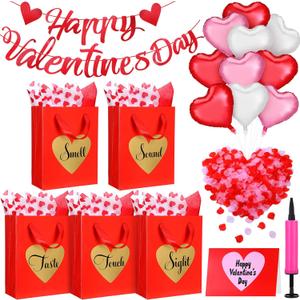 Gueevin 5 Senses Gift Bags for Him and Her Five Senses Red Pink Gift Bags Valentine's Day Party Decorations with Paper Rose Petals Heart Balloon and Happy Valentine's Day Banner