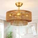Boho Ceiling Fan with Light: 4-Lights Hand Woven Rattan Chandelier with DC Reversible,6 Speeds, 3CCT - Farmhouse Caged Ceiling Fan for Bedroom,Living Room,Kitchen,Nursery,Island, 18.7 inch