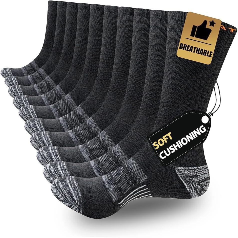 JOYNE 5 Pairs Mens Lightweight Athletic Crew Cushioned Breathable Work High Calf Long Boot Socks (Black), Large