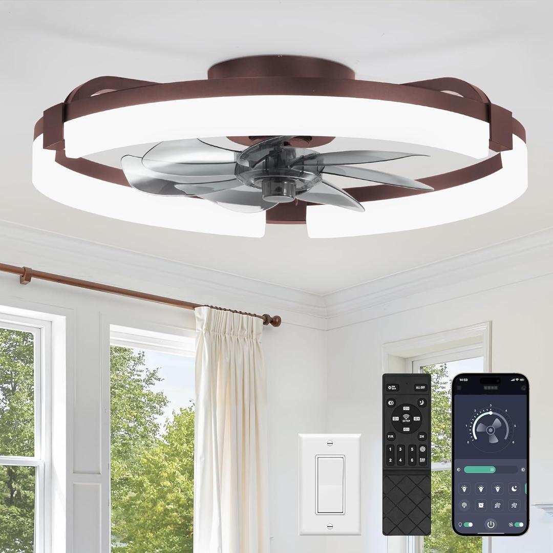 LEDIARY 20" Ceiling Fans with Lights and Remote, Modern Low Profile Ceiling Fan, 3 CCT, Stepless Dimmable, Fandelier Flush Mount Fan Light, 6 Speeds, DC Motor, App & Remote Control for Bedroom(Brown)